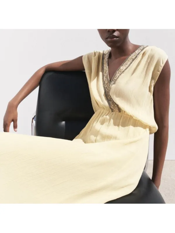 Zara NWT embellished beaded trim light yellow Sleeveless Maxi Dress - Image 7