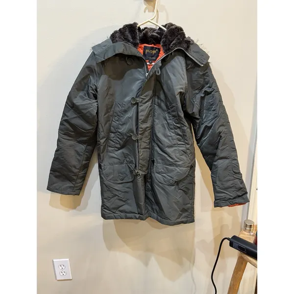 POP ENGLAND Winter Fur Hood Green Zip Up‎ Jacket Coat Women's Size XS - Image 2