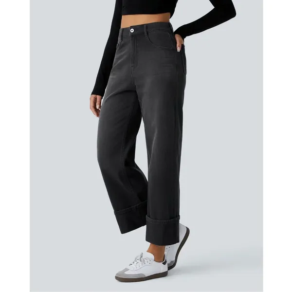 Halara Flex High Waisted Wide Leg Cropped Jeans Black Washed Women XL Rolled Hem - Image 10