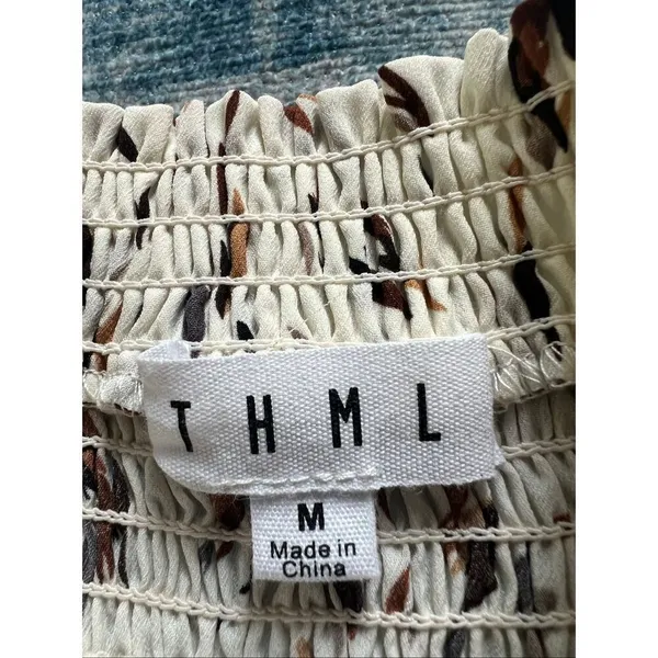 THML Cream Tan Brown Feather Not In My Cap Ruched Half Sleeve Blouse Medium - Image 5