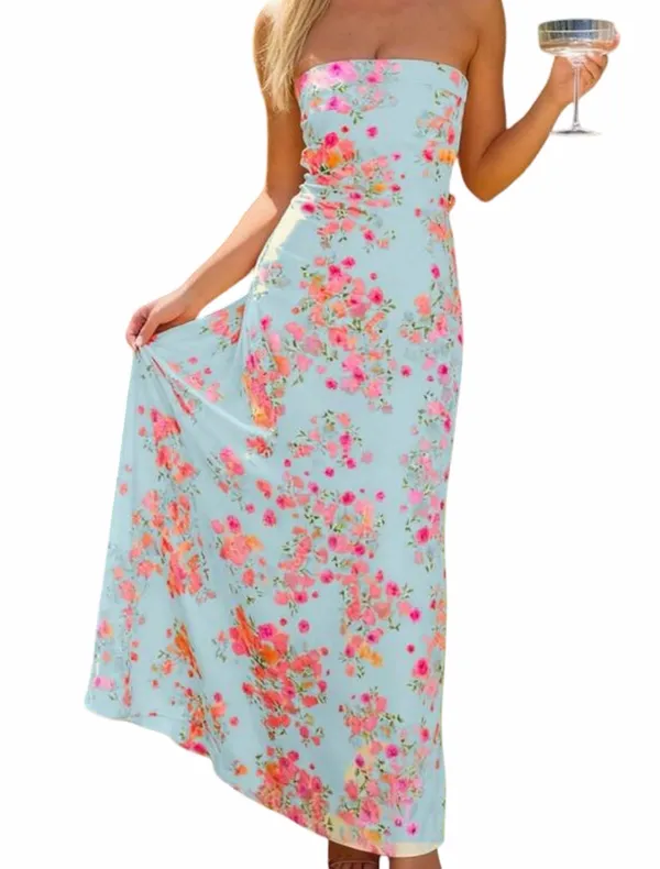 Boutique Light Blue Floral Strapless Maxi Dress - Image 2