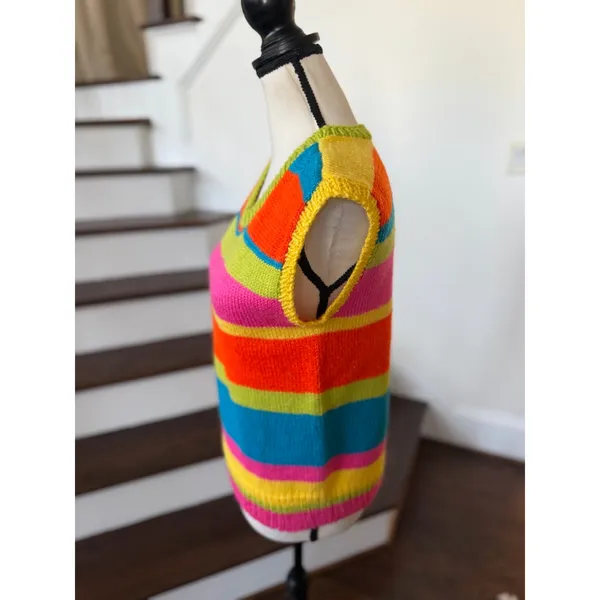 Handmade Vintage Hand Knit Neon Rainbow Orange Lime Green Pink Rugby Stripe Sweater Vest - Image 3