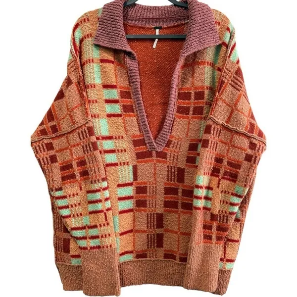 Free People Ruben Oversized Textured Plaid Collared Sweater‎ Boho Pullover M - Image 7