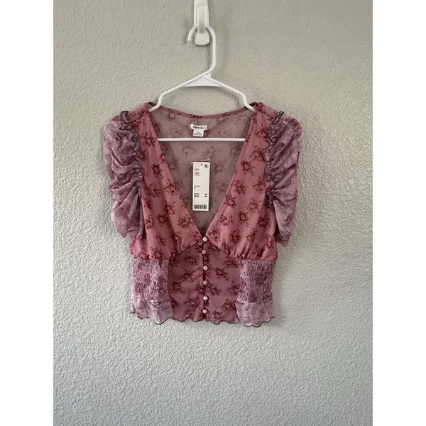 Kimchi Blue NWT Pink Floral Mesh Puff Sleeve Top Medium Peasant Cottagecore Boho - Image 3