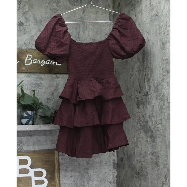 Crystal Doll Sweetheart-Neck Puffed Sleeve Fit Flare Dress Merlot Red 2XS - Image 2