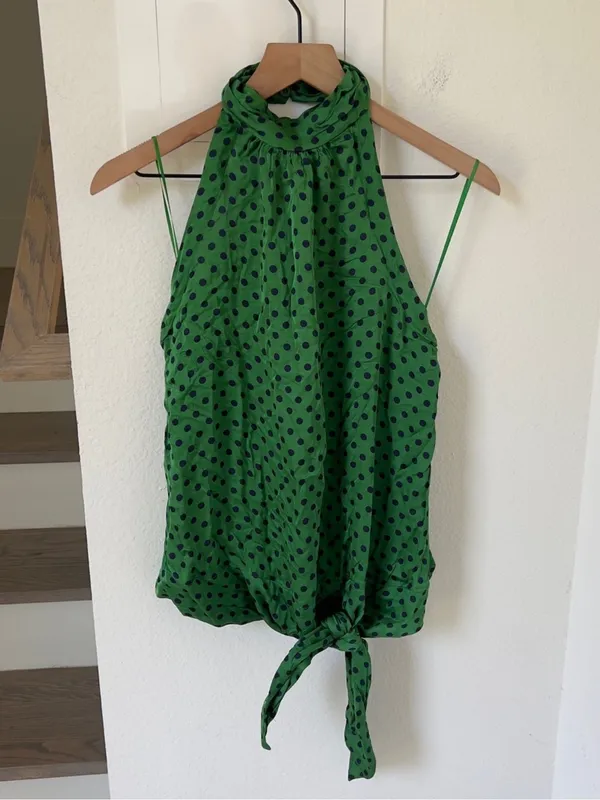Anthropologie Maeve Polka Dot Silken Halter Tie Top in Green Dot - Image 3