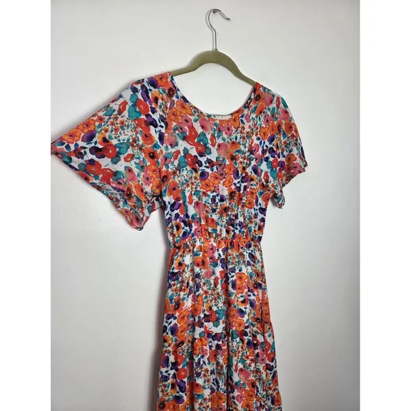 Colorful Floral Midi Dress Tiered Tropical Abstract Artsy Farmers Market Picnic - Image 2