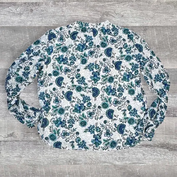 LOFT Garden Floral Top Women S Green Blue Long Sleeve Shirred Yoke Blouse Career - Image 3
