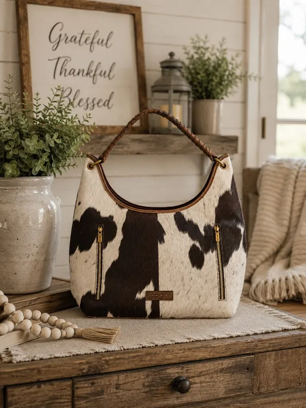Loyal West- Conceal Carry Cowhide Hobo Bag with Braided Handle - Black & White - Image 2