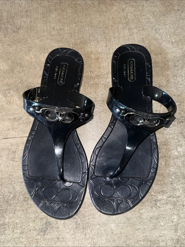 Coach Black Jelly Thong Sandals with Silver Hardware - Image 3