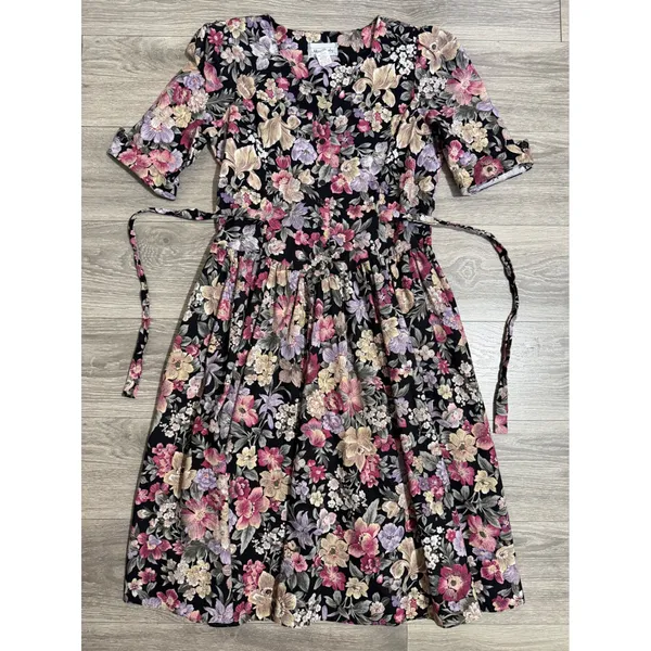 Miss Dorby Vintage 90s Floral Midi Dress L Black Purple Button‎ Front USA Made - Image 5