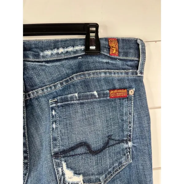 7 For All Mankind Medium Wash Distressed Bootcut Jeans Size 29 7.5" Low Rise - Image 8