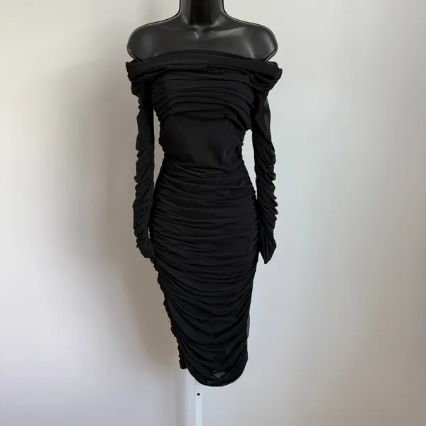 House of CB Black Ruched Mesh‎ Off Shoulder Long Sleeve Bodycon Dress - Image 2