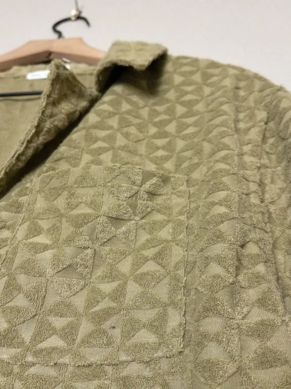 Avec Les Filles Textured Button Down Shirt S Triangle Terrycloth Olive Cover Up - Image 8