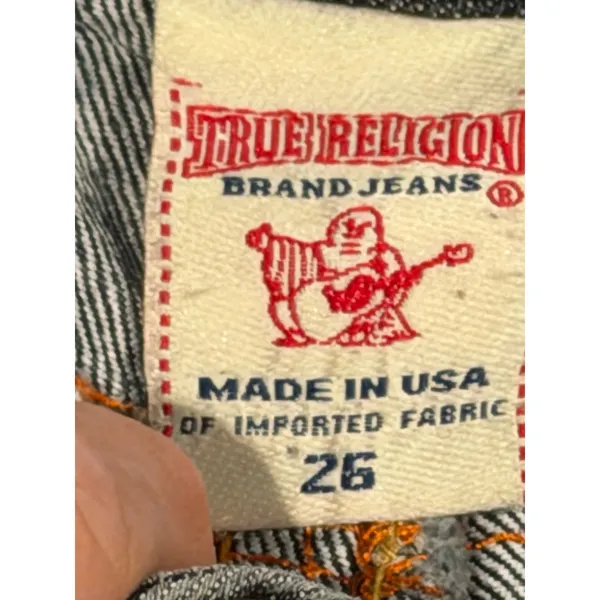 True Religion Joey Super T Straight Leg Jeans Orange‎ Yellow Stitch BLING Y2K 26 - Image 4