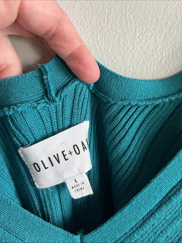 Olive + Oak Ribbed Sweater Knit Midi Dress Teal Side Slit Stretch L - Image 3