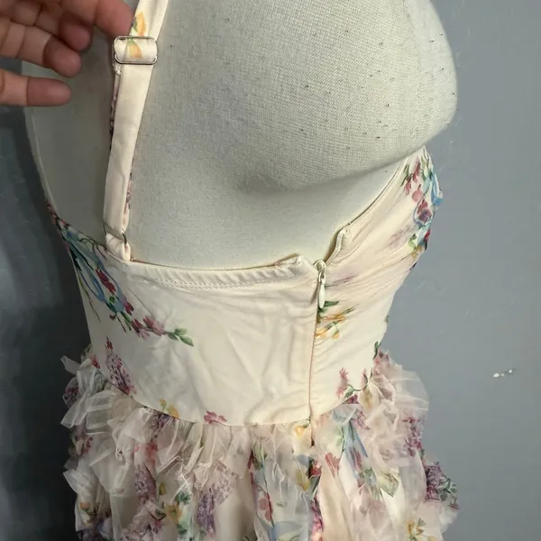 Cider 2 Piece Cottage Ruffle Midi Ruffled Dress with Pink Cardigan, M - Image 4