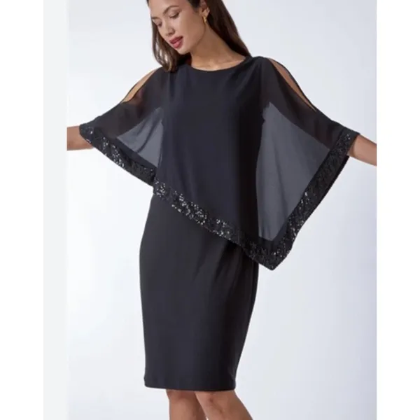 Scarlett‎ Women's Cape Sequence Shift Dress Black 10 Cocktail Wedding Party - Image 6