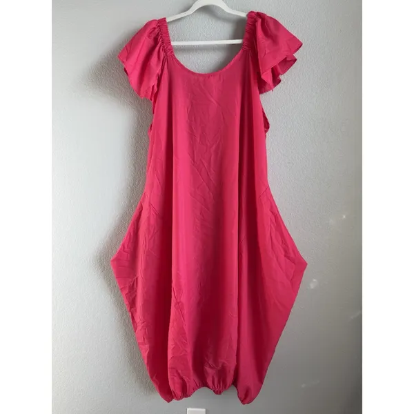 Karen T Design Hot Pink Balloon Bubble Dress Ruffle Midi Boho Flawless‎ OS Plus - Image 9