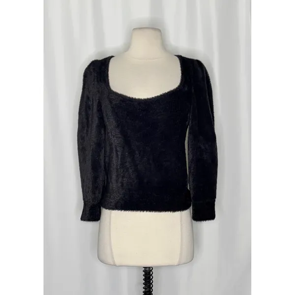 FREE PEOPLE Moonbeam Pullover Black Fuzzy Sweater 3/4 Sleeves Solid Scoop Small - Image 2