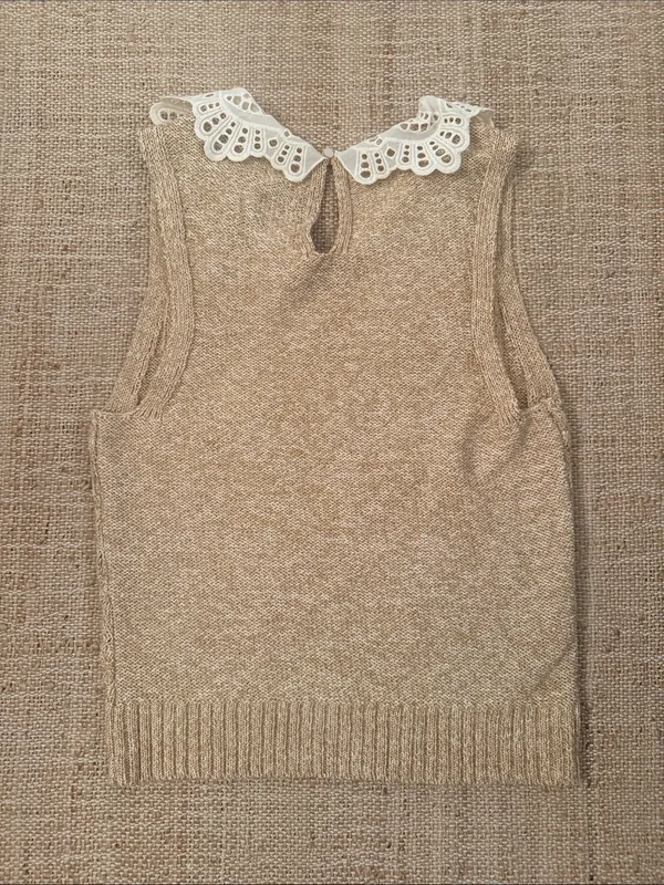 Anthropologie Lace-Trim Peter Pan Collar Tan White Knit Tank size Small - Image 7