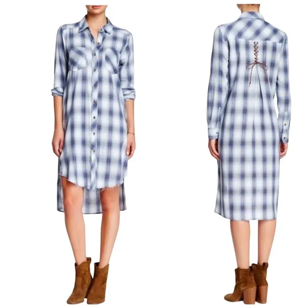 Democracy Plaid Flannel Dress Womens S Blue Distressed Hem Coastal Cowgirl Boho - Image 2