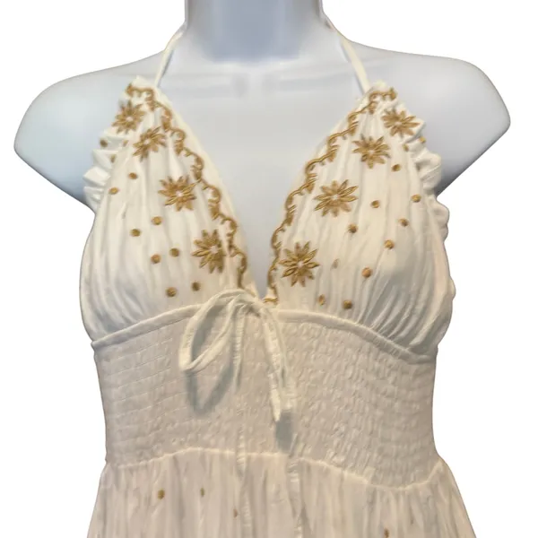 NWT Embroidered Smocked Tiered Boho Halter Maxi Dress L Real Love Fairycore Gold - Image 2