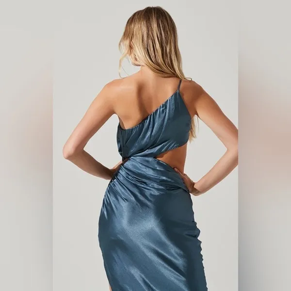 Astr The Label Martina Midi Dress Size Small Blue Satin Cut Out Draped Wedding - Image 9