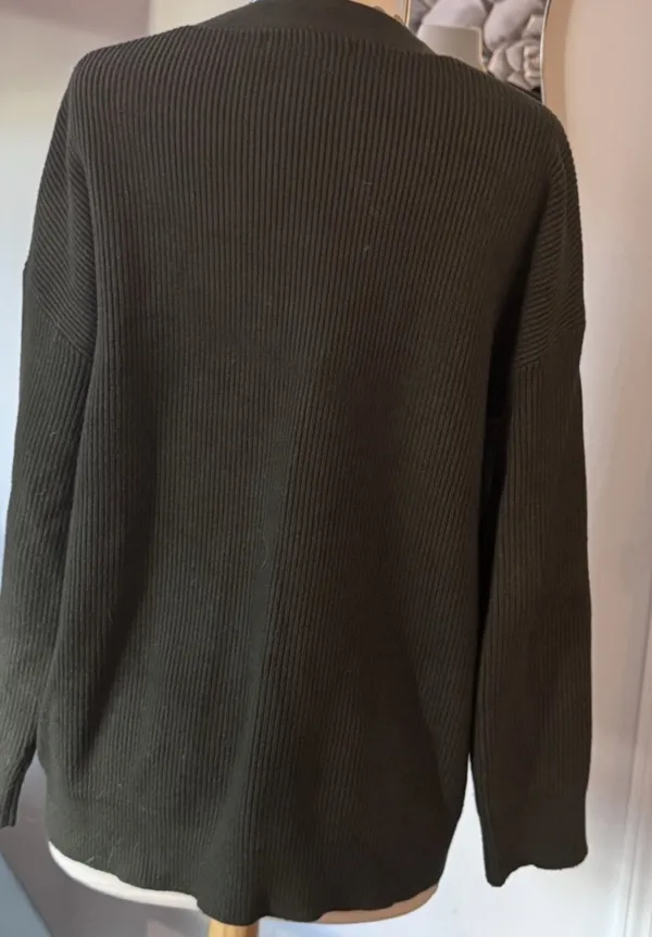 MEROKEETY Olive Green Ribbed V-Neck Cardigan Sweater - Image 5