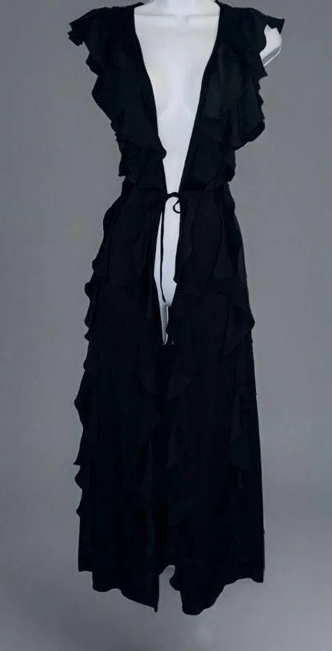 Vintage Victoria’s Secret Black Ruffled Robe Gown Lingerie Kimono Cover Up XS - Image 4
