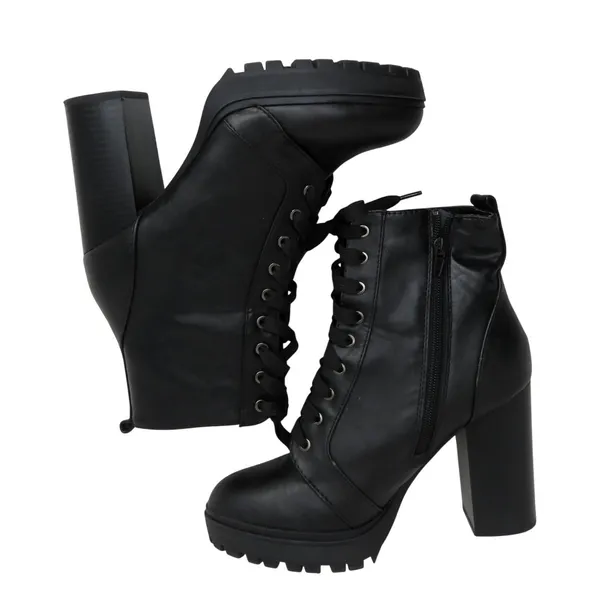 SODA Black Faux Leather Combat Boot Lace Up Ankle Heel Booties Size 8 - Image 7