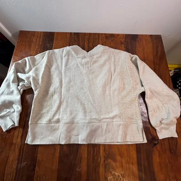 Aerie Womens Oversized V-Neck Sweatshirt Oatmeal Heather Grey Textured Large - Image 2