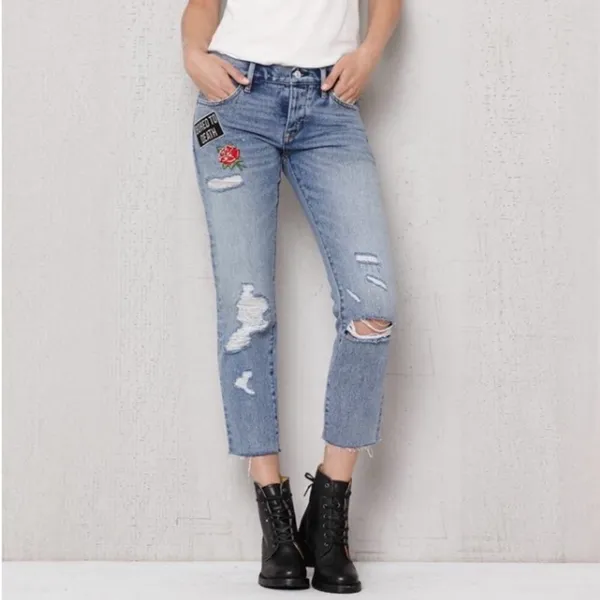 Patched distressed girlfriend jeans cropped denim - Image 6