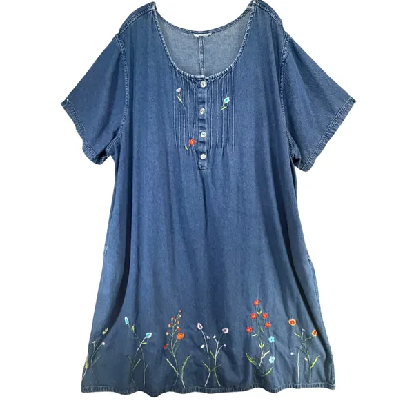 Vintage Embroidered Chambray Denim Dress Womens XXL Blue Floral Cottagecore Folk - Image 2