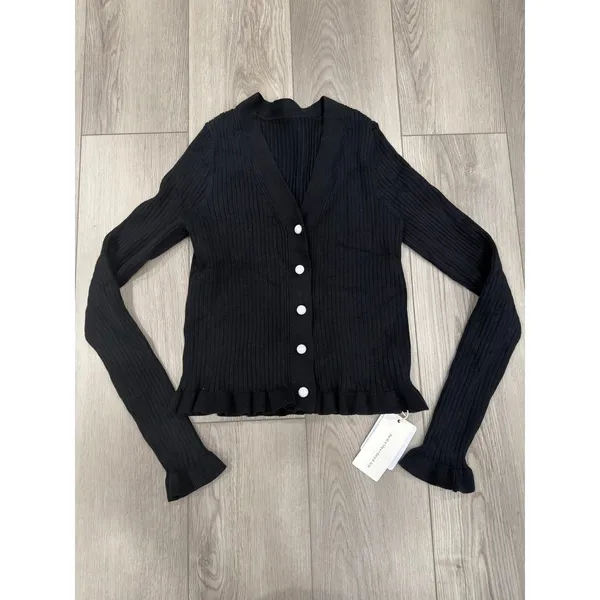Commense Chic Ruffled Trim Button Stretch Casual Cardigan Chic Black NWT L - Image 2