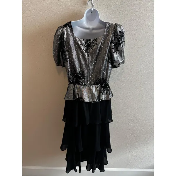 Vintage 80s Prom Lizzy & Johnny Dress Silver Black Metallic Velvet Whimsigoth - Image 2