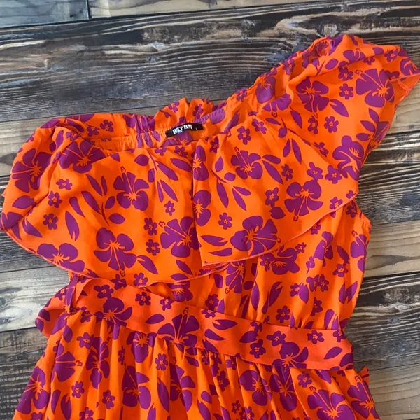 NWOT Elegant One-Shoulder Boho Floral Dress - Orange and Purple - Image 5