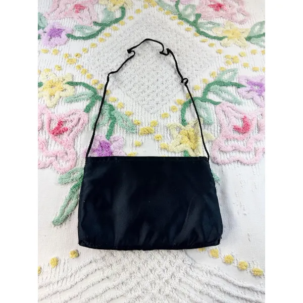 Vintage Black Rayon Satin Evening Bag Bow‎ Detail Formal Clutch Shoulder Bag - Image 5