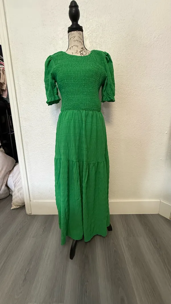 Boho Green Smocked Maxi Dress - Puff Sleeve Tiered Long Dress - Size S - Image 4