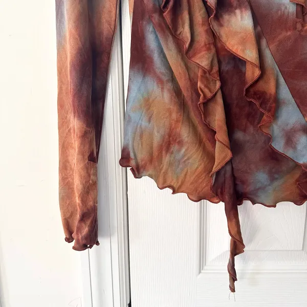 Fashion Bug Blue Brown Tie Dye Frill Goth Core Y2K Boho Ruffle Blouse Small USA - Image 3