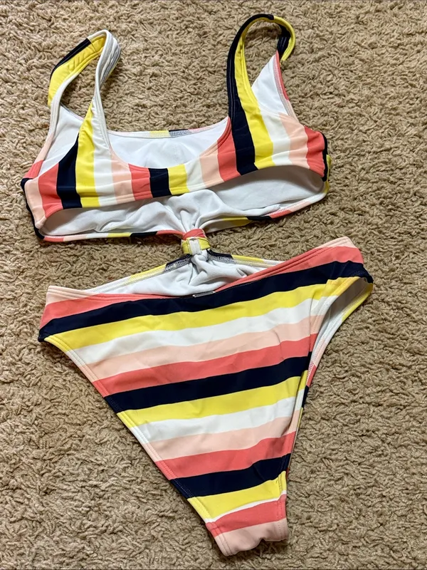 Abercrombie Striped One-Piece Swim Suit with Knot Front - Yellow, Pink, Navy - Image 5