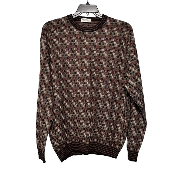 Norm Thompson Mens Geometric Knit Crewneck Sweater Brown Tan Burgundy XL 6244 - Image 7