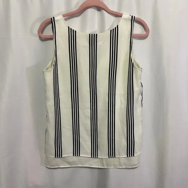 Ann Taylor Black White Striped V-Neck Sleeveless Blouse Layered Hem Top S - Image 7