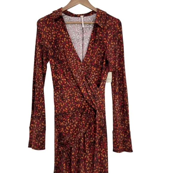Free People Revolve Shayla Wrap Midi Dress‎ Brown Floral Long Sleeve Midi Dress - Image 3