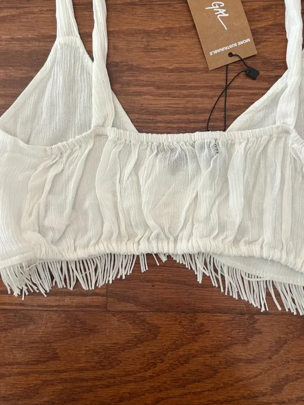 NWT Nasty Gal Crinkle Fringe Hem Bralette Size Crop Top Size Small Size 4 Cream - Image 14