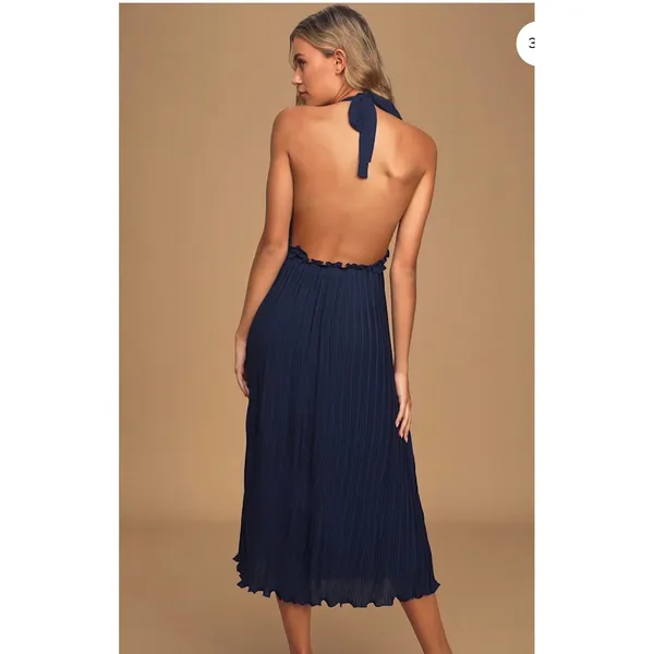 Lulus Navy Blue Pleated Halter Open Back Midi Dress XL Ruffle Trim Wedding Guest - Image 2