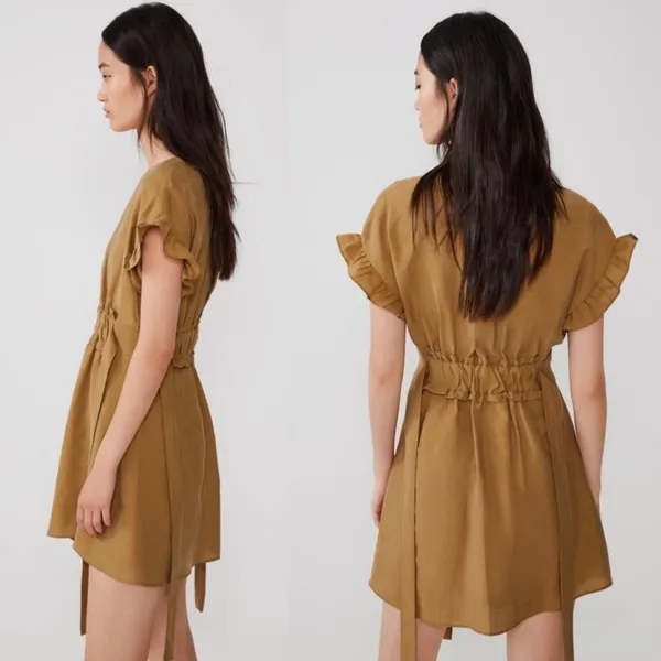 Zara Ruffle Tie Waist Mini‎ Dress in Brown Size Extra Small - Image 2