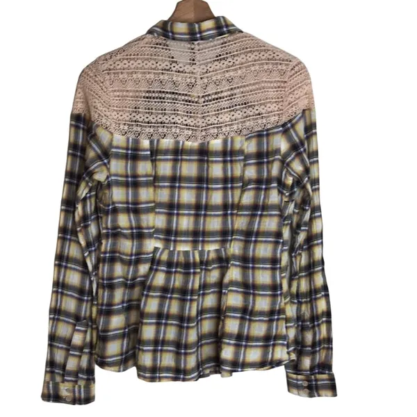 Free People Women's Flannel Plaid Crochet Lace Button Up Shirt Yellow Size XS - Image 10