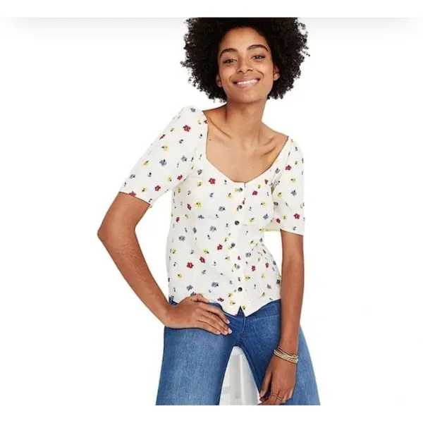 Madewell Seamed‎ Button Down Colorful Floral Confetti Short Sleeve Blouse Small - Image 2