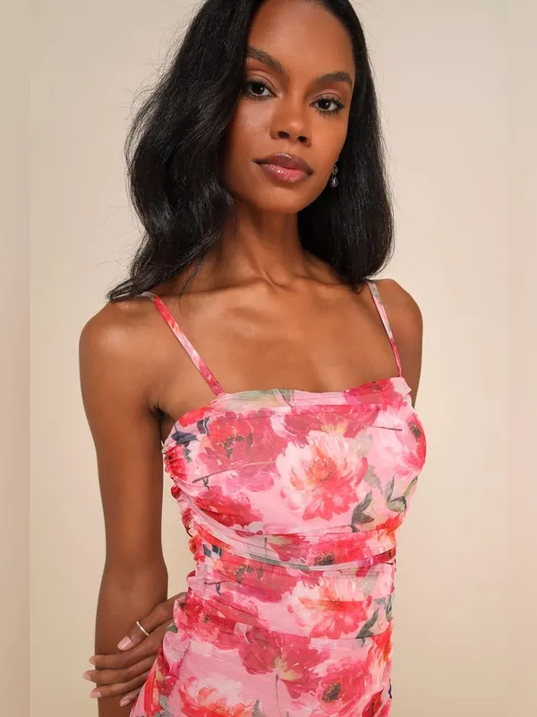 Lulus Blossoming Excellence Pink Floral Mesh Ruched Midi Dress Size Medium Party - Image 3